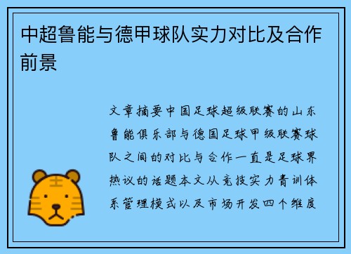 中超鲁能与德甲球队实力对比及合作前景