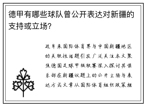 德甲有哪些球队曾公开表达对新疆的支持或立场？