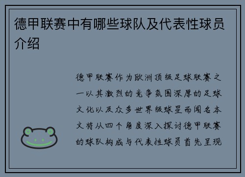德甲联赛中有哪些球队及代表性球员介绍